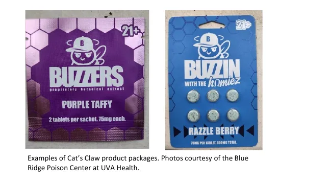 Two photographs from a poison-centre bulletin: a purple Buzzers Purple Taffy sachet and a blue Buzzin with the Homiez Razzle Berry blister card with six tablets, both marked 21+, captioned Examples of Cat’s Claw product packages, photos courtesy of the Blue Ridge Poison Center at UVA Health.