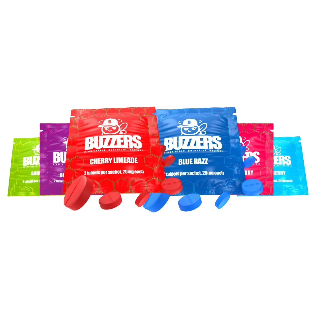 A product render of six Buzzers sachets in different colours with tablets spilling in front of them, flavours including Cherry Limeade and Blue Razz.