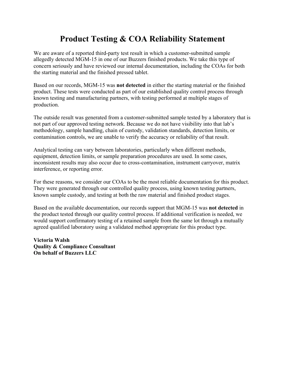 A one-page statement headed Product Testing & COA Reliability Statement, signed by a quality and compliance consultant on behalf of Buzzers LLC, about a reported third-party test that detected MGM-15 in a customer-submitted sample.