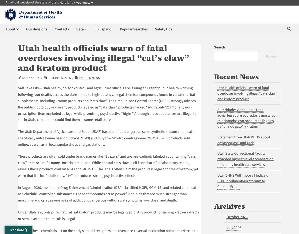 The Utah Department of Health and Human Services news page dated October 5, 2026, headed Utah health officials warn of fatal overdoses involving illegal cat’s claw and kratom product, with paragraphs on the four deaths, where the products were sold, the Buzzers brand name and the August DEA order.