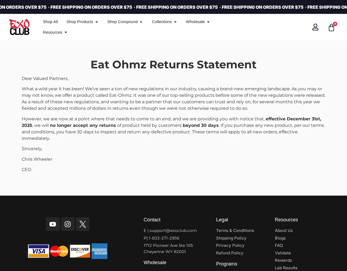 The exoclub.com page headed Eat Ohmz Returns Statement, addressed to valued partners, saying the store had accepted millions of dollars in returns of Eat-Ohmz after new regulations and would stop accepting returns beyond 30 days from December 31, 2025, signed by the CEO.