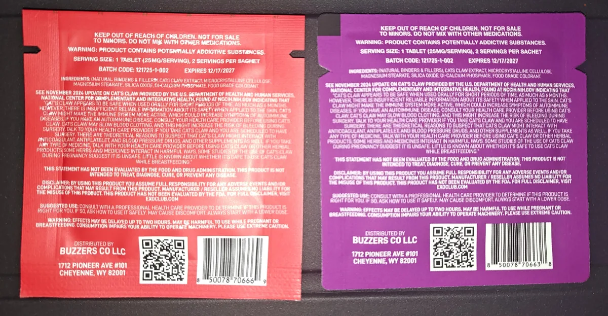 Two Buzzers sachet backs side by side, one red and one purple, with near-identical text, barcodes and QR codes, both distributed by Buzzers Co LLC at the Cheyenne address.