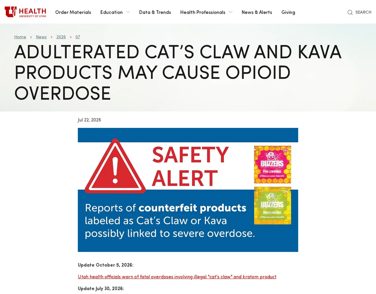 The Utah Poison Control Center page headed Adulterated Cat’s Claw and Kava Products May Cause Opioid Overdose, dated July 22, 2026, with a safety-alert graphic reading Reports of counterfeit products labeled as Cat’s Claw or Kava possibly linked to severe overdose, beside pictures of two Buzzers sachets, Pink Lemonade and Mango Melons.
