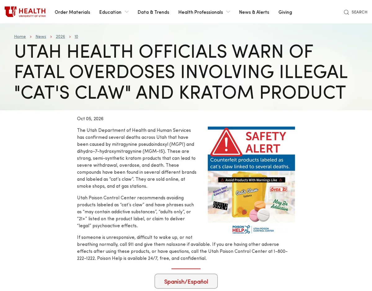 The Utah Poison Control Center page for the October 5 release. Its opening paragraph says DHHS has confirmed several deaths caused by MGPI and MGM-15; beside it a graphic reads Counterfeit products labeled as cat’s claw linked to several deaths, over a generic packet marked Cat’s Claw Tablets with warning stickers.