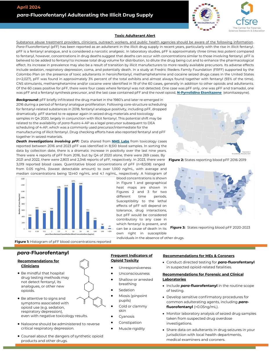 Page one of the CFSRE and Colombo Plan Toxic Adulterant Alert, April 2024, titled para-Fluorofentanyl Adulterating the Illicit Drug Supply, with text, a histogram of blood concentrations and two maps of states reporting pFF in blood.