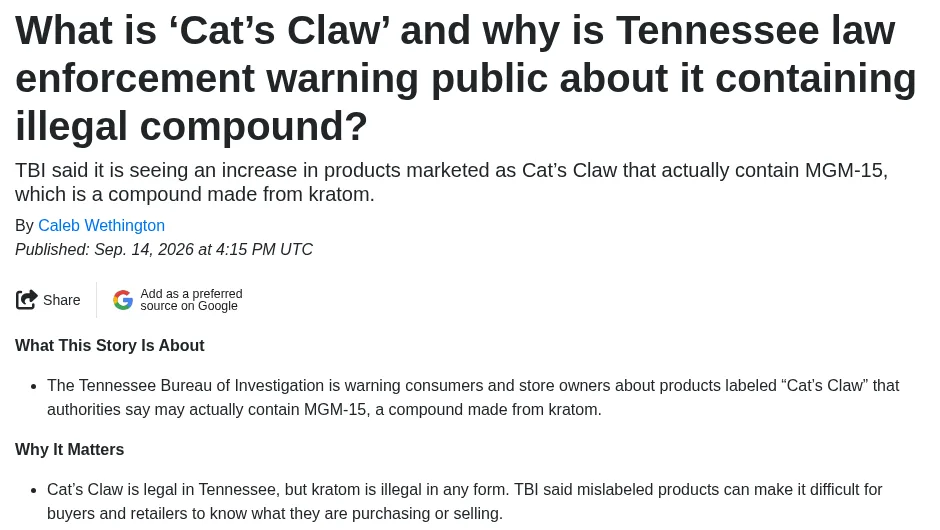 WSMV article published September 14, 2026, headed What is Cat's Claw and why is Tennessee law enforcement warning public about it containing illegal compound, with the subhead TBI said it is seeing an increase in products marketed as Cat's Claw that actually contain MGM-15, and bullet points on the warning.