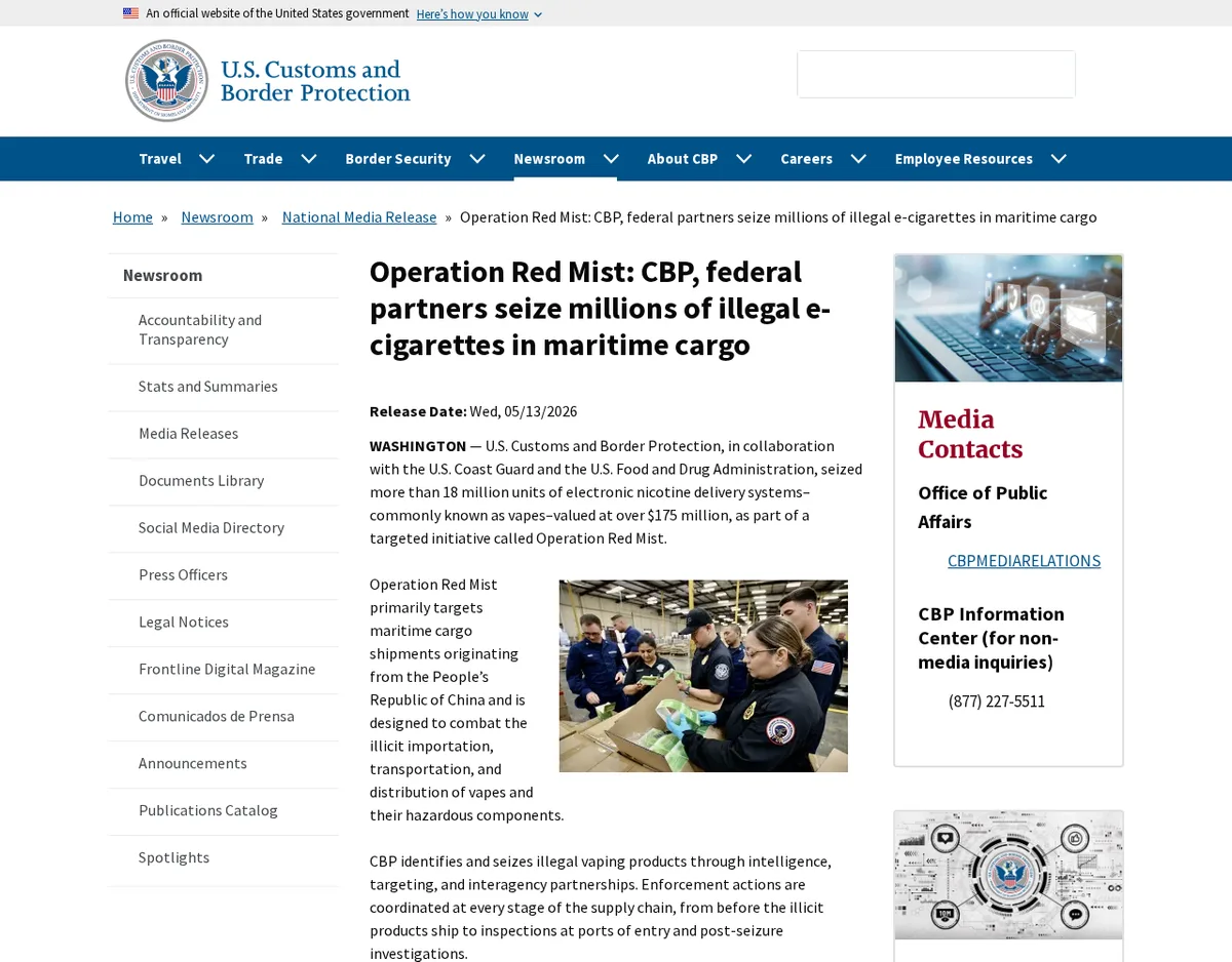 The CBP national media release of May 13, 2026, Operation Red Mist: CBP, federal partners seize millions of illegal e-cigarettes in maritime cargo, with a photograph of uniformed officers beside a table of seized boxed vapes.