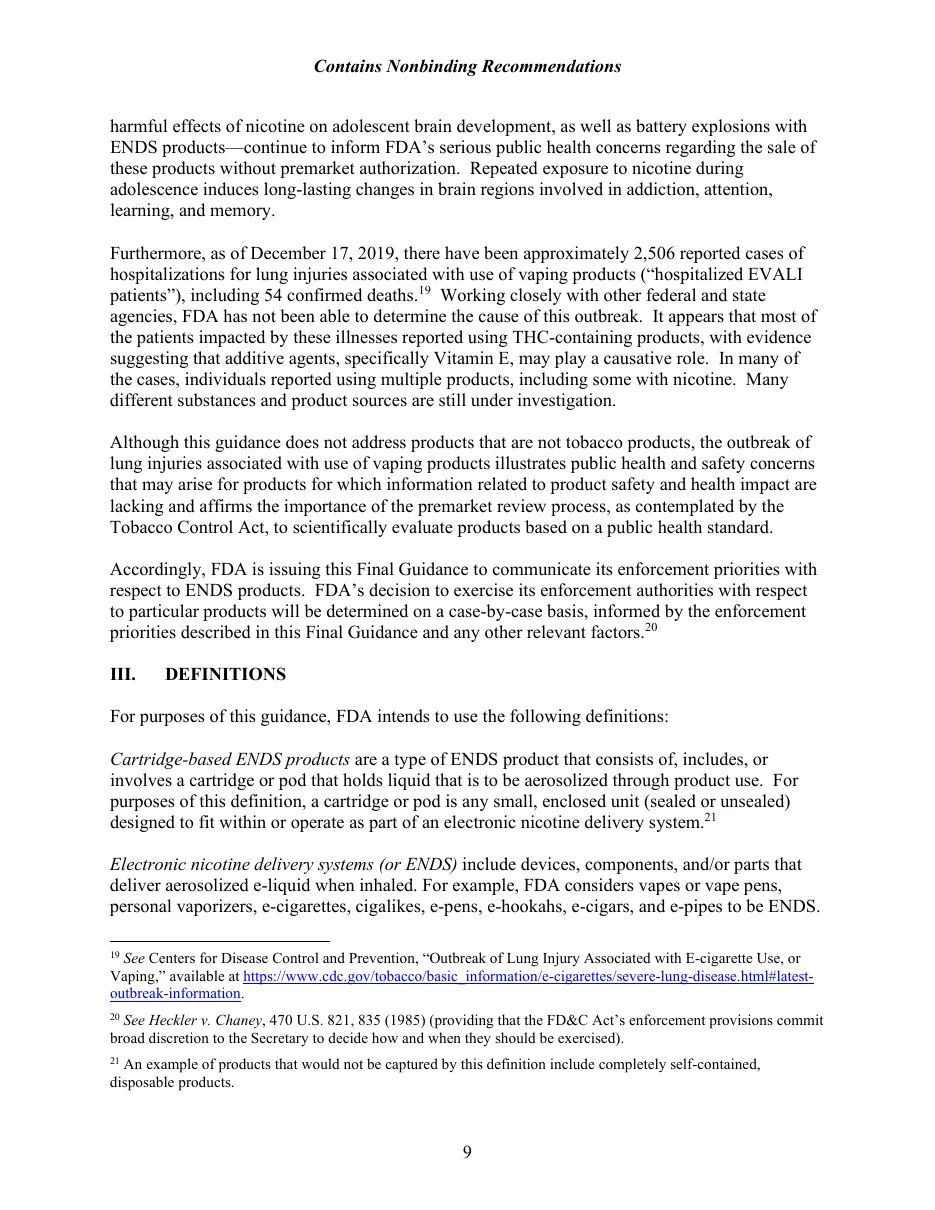 Page 9 of the FDA's January 2020 guidance on enforcement priorities, with the definition of cartridge-based ENDS products and, at the foot of the page, footnote 21 reading that an example of products not captured by the definition include completely self-contained, disposable products.