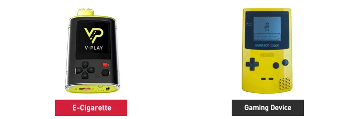 Two devices side by side: on the left a yellow and white disposable e-cigarette branded V-PLAY with a color screen, a directional pad and buttons, labelled E-Cigarette; on the right a yellow Game Boy Color, labelled Gaming Device.