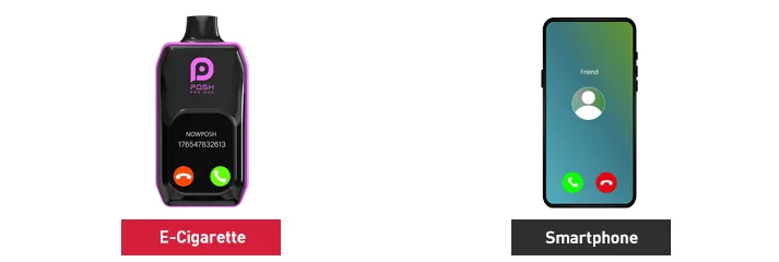 Two devices side by side: on the left a black disposable e-cigarette branded Posh Pro Max with a screen showing an incoming call and red and green answer buttons, labelled E-Cigarette; on the right a smartphone showing an incoming call, labelled Smartphone.