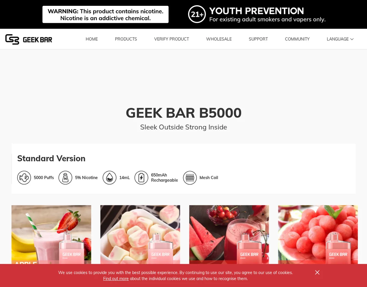 The Geek Bar B5000 product page in October 2022: a black header with a nicotine warning and a 21+ youth prevention badge, the heading Geek Bar B5000, Sleek Outside Strong Inside, and icons for 5000 puffs, 5% nicotine, 14 mL, 650mAh rechargeable and mesh coil above photographs of pink devices beside fruit.