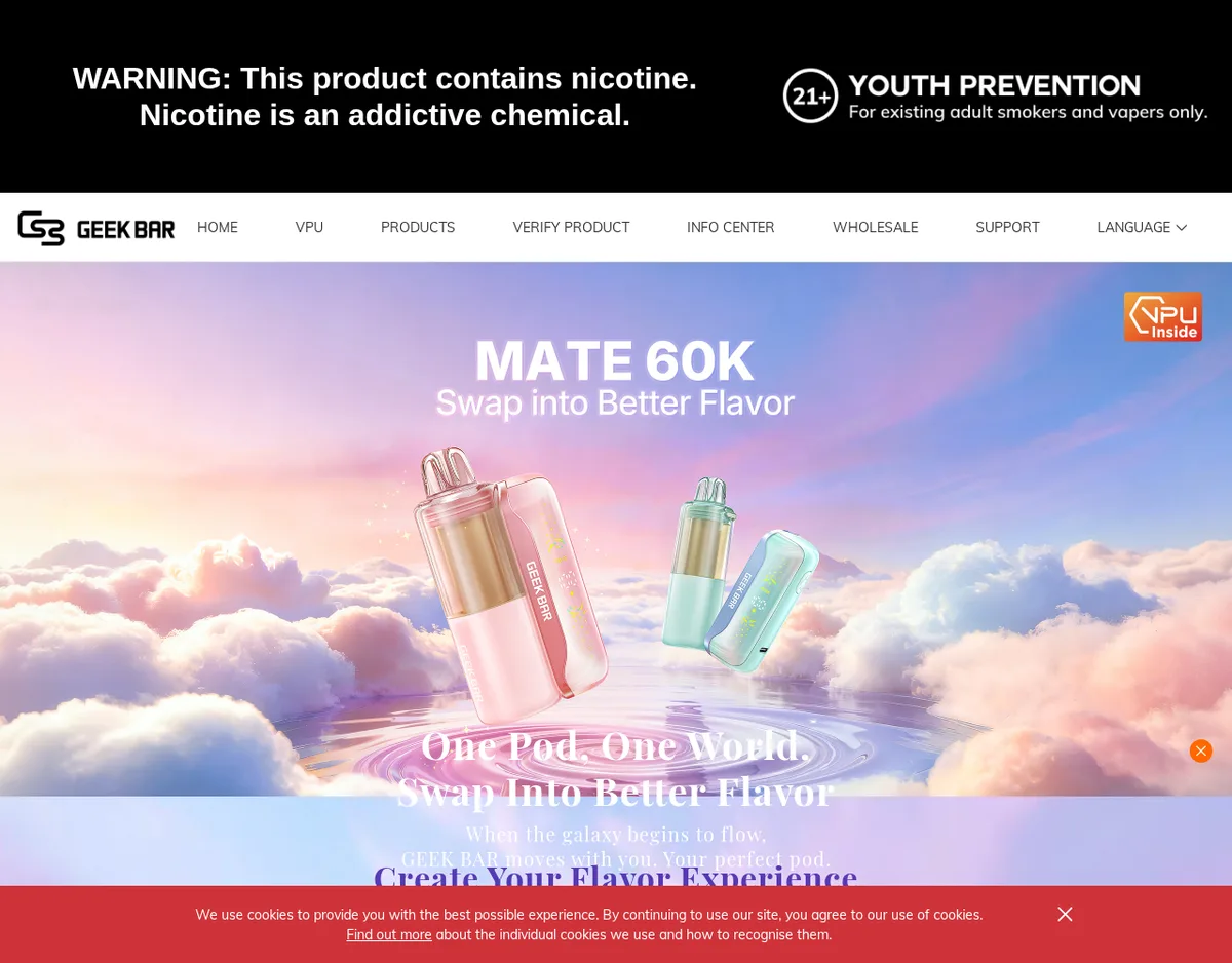 The Geek Bar Mate 60K page in March 2026: a banner reading Mate 60K, Swap into Better Flavor, One Pod One World, showing a pink device beside a detached pod over a cloudscape.