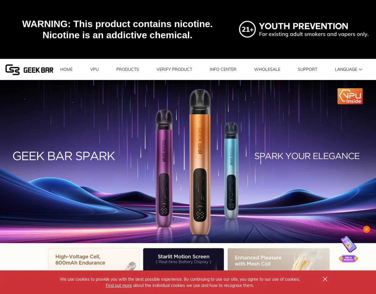 The Geek Bar Spark page in March 2026: three slim pod devices in silver, orange and blue standing on a dark stage, with tiles for a high-voltage cell and 800mAh battery, a Starlit Motion screen with real-time battery display, and a mesh coil.