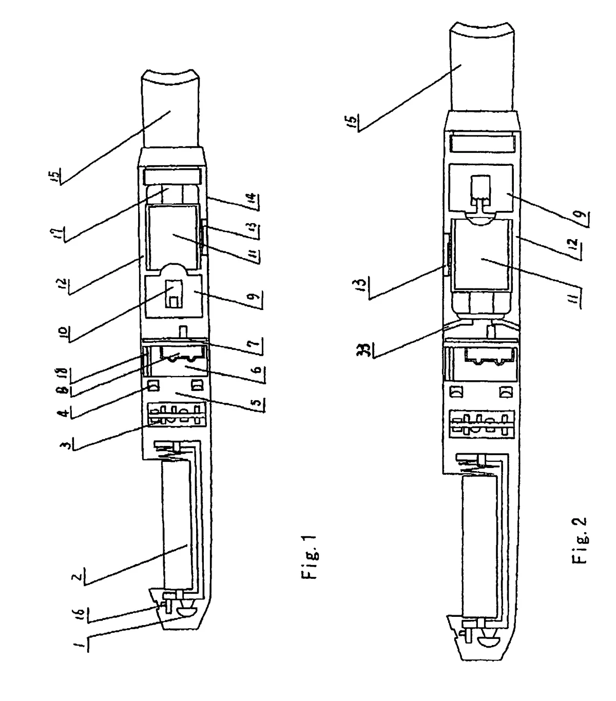 Patent drawing, figures 1 and 2: a long cylinder in cross section with a mouthpiece at one end, a battery at the other, and numbered internal parts including a circuit board, a sensor, an atomizer and a liquid supply bottle.