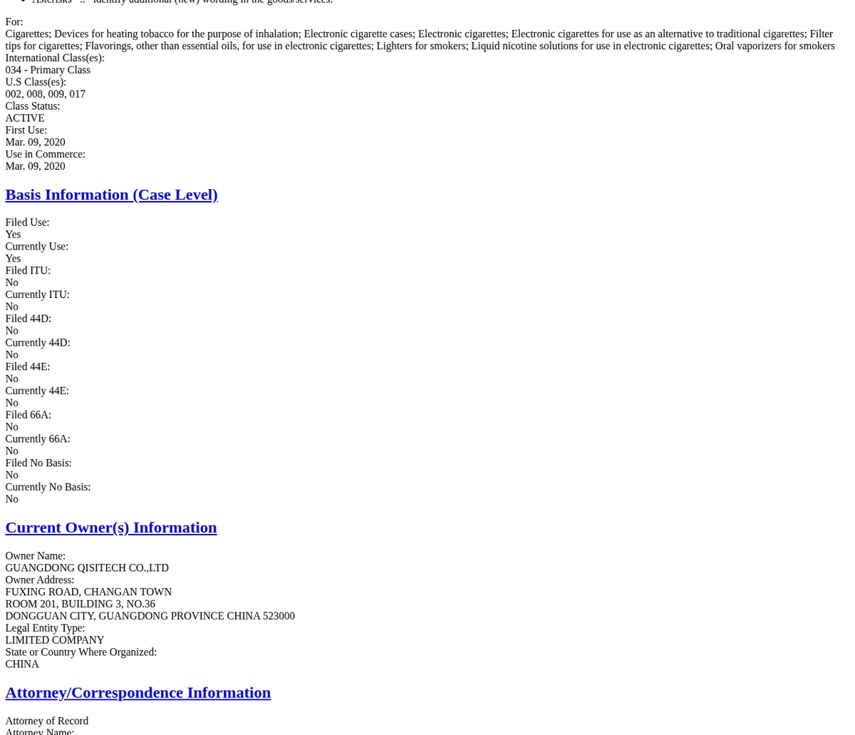 The USPTO trademark status page for GEEK BAR, registration 6275589, showing goods including electronic cigarettes and oral vaporizers for smokers, first use March 9, 2020, and under Current Owner(s) Information: Guangdong Qisitech Co., Ltd, Fuxing Road, Changan Town, Room 201, Building 3, No. 36, Dongguan City, Guangdong Province, China.