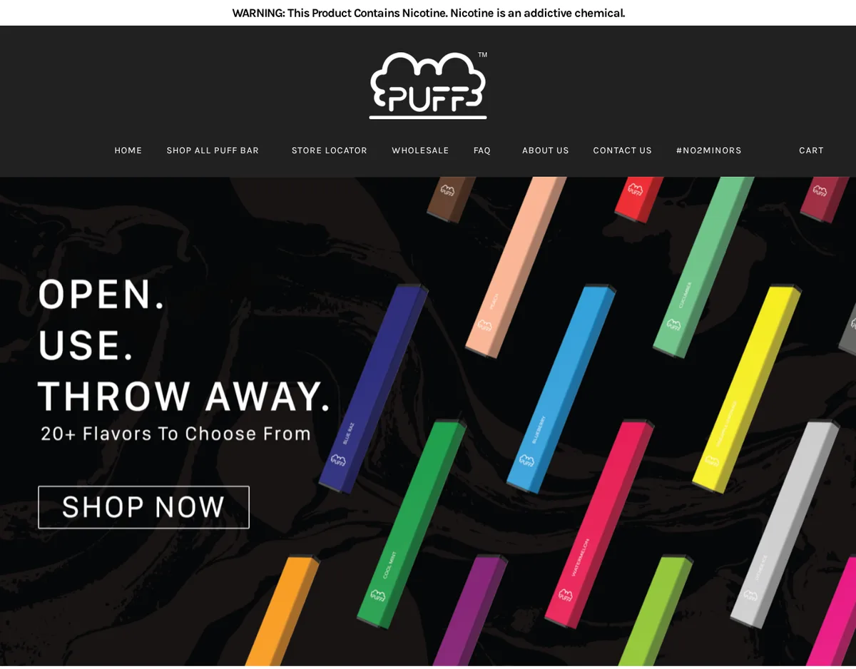 The Puff Bar home page in June 2020: a dark banner reading Open. Use. Throw away. 20+ flavors to choose from, Shop now, over a fan of slim disposable sticks in bright colors, with a nicotine warning at the top.