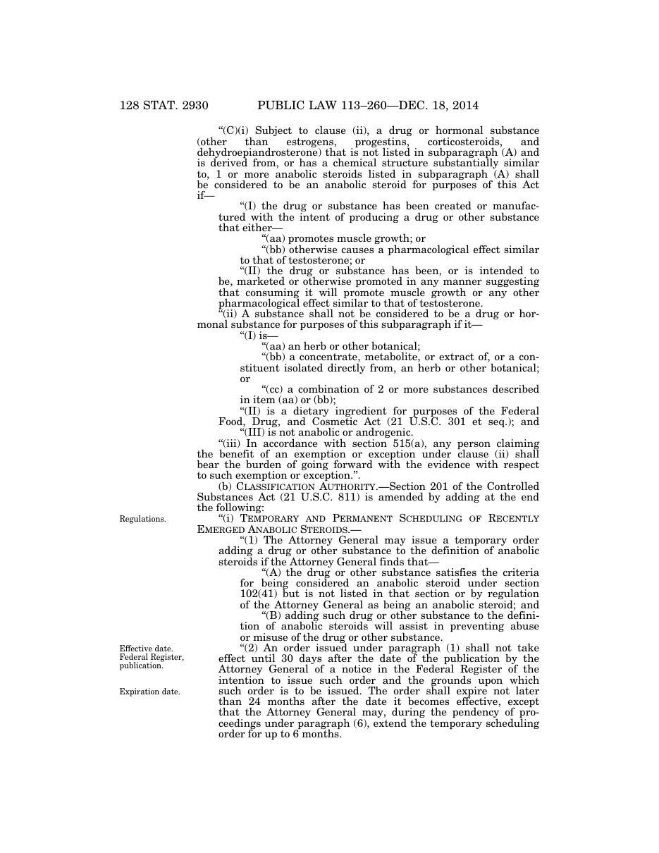Page 2 of Public Law 113-260 of 18 December 2014, 128 Stat. 2930: the new subparagraph (C) treating a substance substantially similar to a listed anabolic steroid as an anabolic steroid if made or marketed to promote muscle growth, the exception for botanicals that are dietary ingredients and not anabolic or androgenic, and the new temporary and permanent scheduling authority.