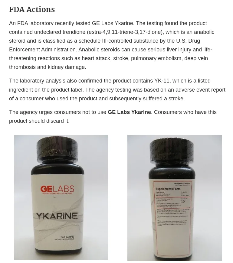 The FDA Actions section of an FDA page current as of December 2025: an FDA laboratory found undeclared trendione, a Schedule III anabolic steroid, in GE Labs Ykarine, a product sold as a SARM, after a consumer who used it suffered a stroke; with photographs of the bottle's front and its Supplement Facts panel.