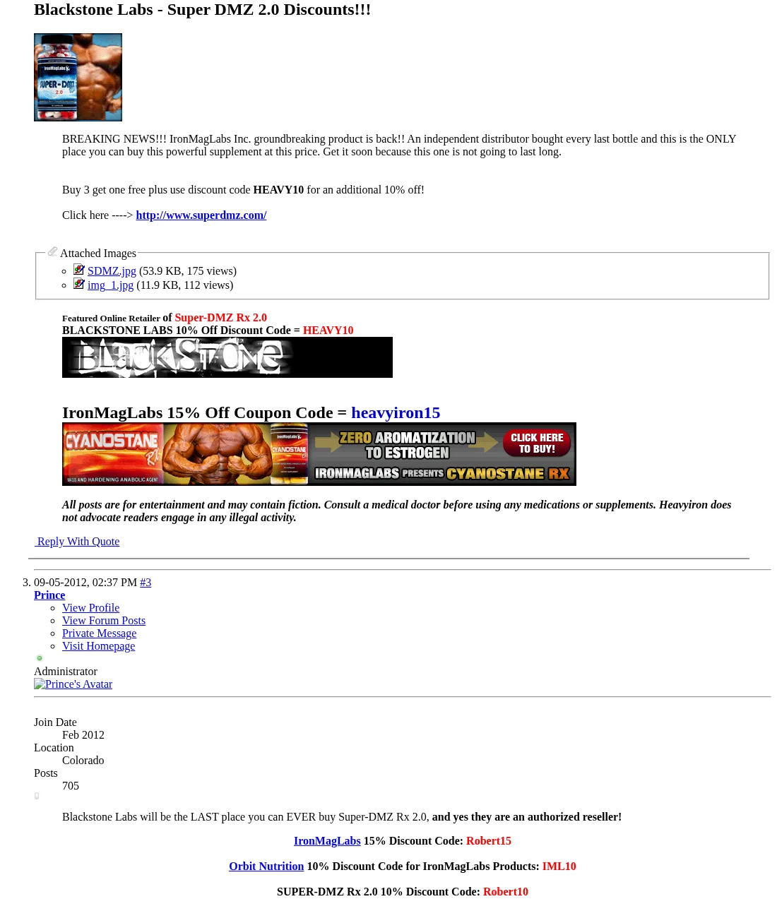 Two posts on the IronMagLabs forum on 4 and 5 September 2012 announcing that an independent distributor bought every last bottle of Super DMZ Rx 2.0, showing a Blackstone banner, and saying Blackstone Labs will be the last place to buy it and is an authorized reseller.