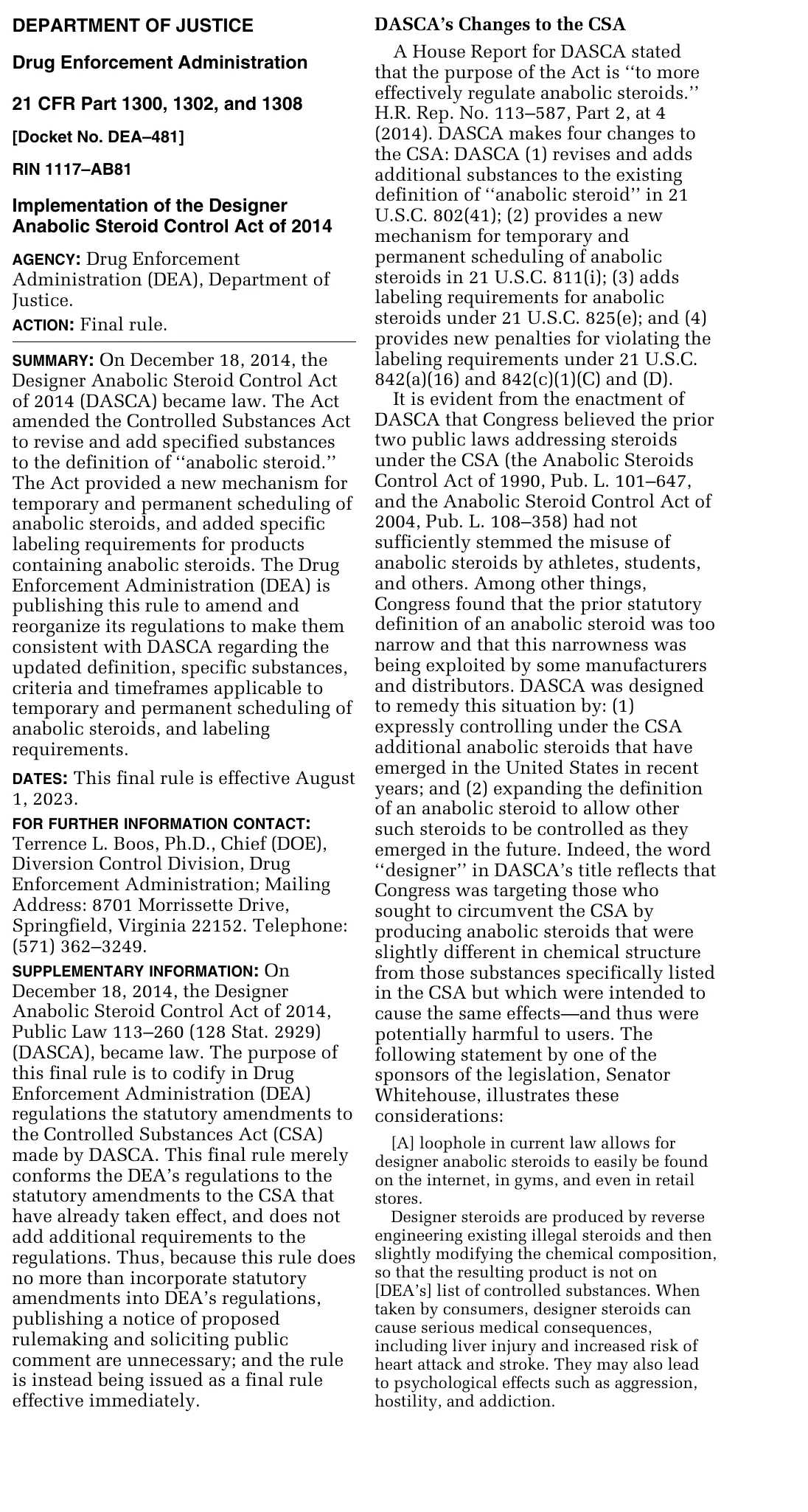 The first page of the DEA final rule of 1 August 2023, Implementation of the Designer Anabolic Steroid Control Act of 2014, including its account of why Congress acted and the statement by Senator Whitehouse about a loophole that let designer anabolic steroids be found on the internet, in gyms and in retail stores.