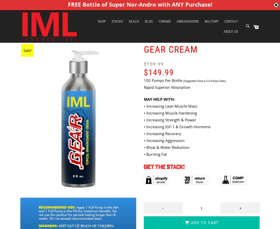 The Gear Cream product page on ironmaglabs.com in January 2021: a silver pump bottle labelled IML Gear, Topical Enhancement Cream, with a list of claimed benefits.