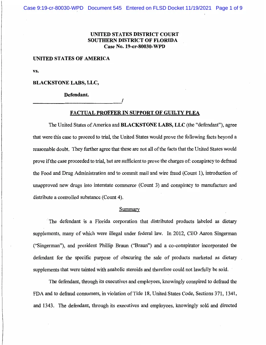 Page 1 of the factual proffer signed by Blackstone Labs LLC in November 2021, agreeing that the company was incorporated in 2012 for the specific purpose of obscuring the sale of products marketed as dietary supplements that were tainted with anabolic steroids.