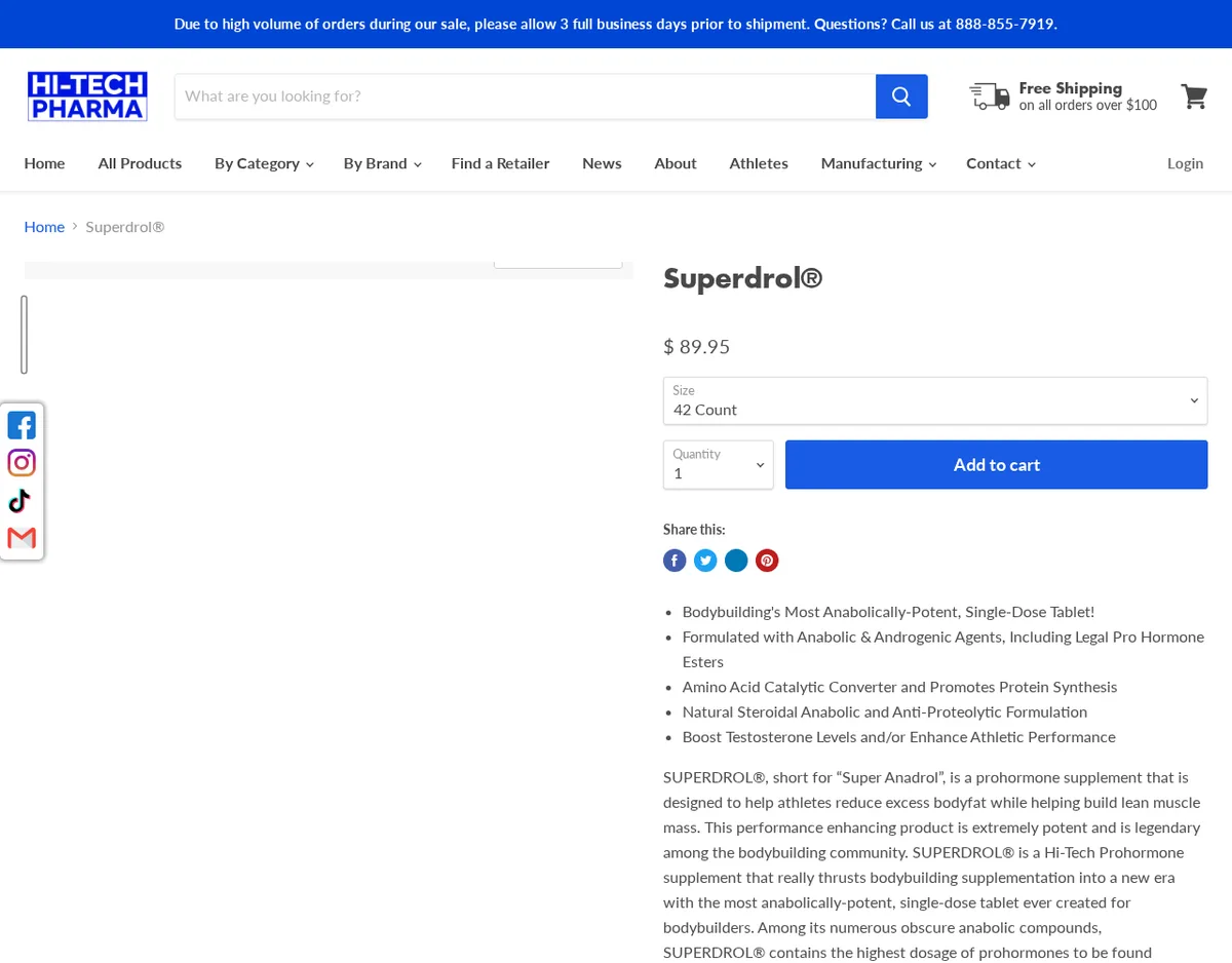 The Superdrol product page on hitechpharma.com in January 2025: a price for 42 count and bullets including Formulated with Anabolic and Androgenic Agents, Including Legal Pro Hormone Esters, above text calling it short for Super Anadrol and a prohormone supplement.
