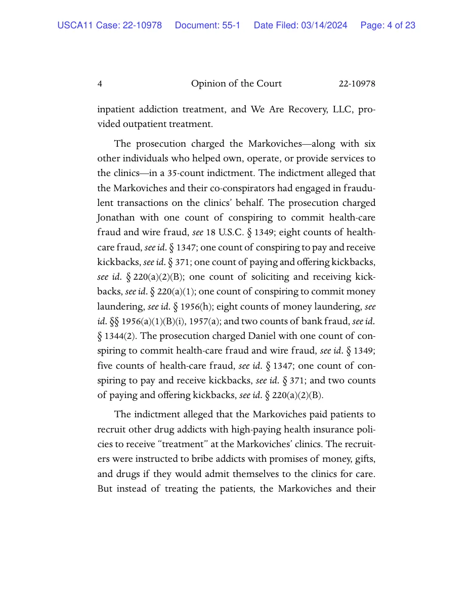 Page 4 of the Eleventh Circuit’s published opinion in United States v. Markovich, listing the counts including paying and receiving kickbacks under 18 U.S.C. 220 and describing recruiters instructed to bribe addicts with money, gifts and drugs.