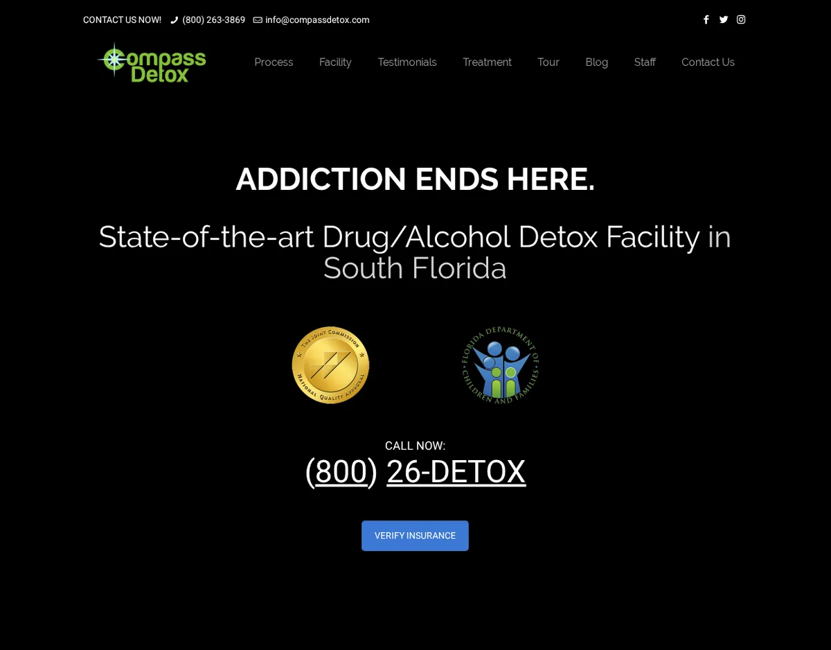 The archived Compass Detox home page of May 14, 2020: ADDICTION ENDS HERE, State-of-the-art Drug/Alcohol Detox Facility in South Florida, a Joint Commission seal and a Florida Department of Children and Families seal, a phone number reading (800) 26-DETOX and a VERIFY INSURANCE button.