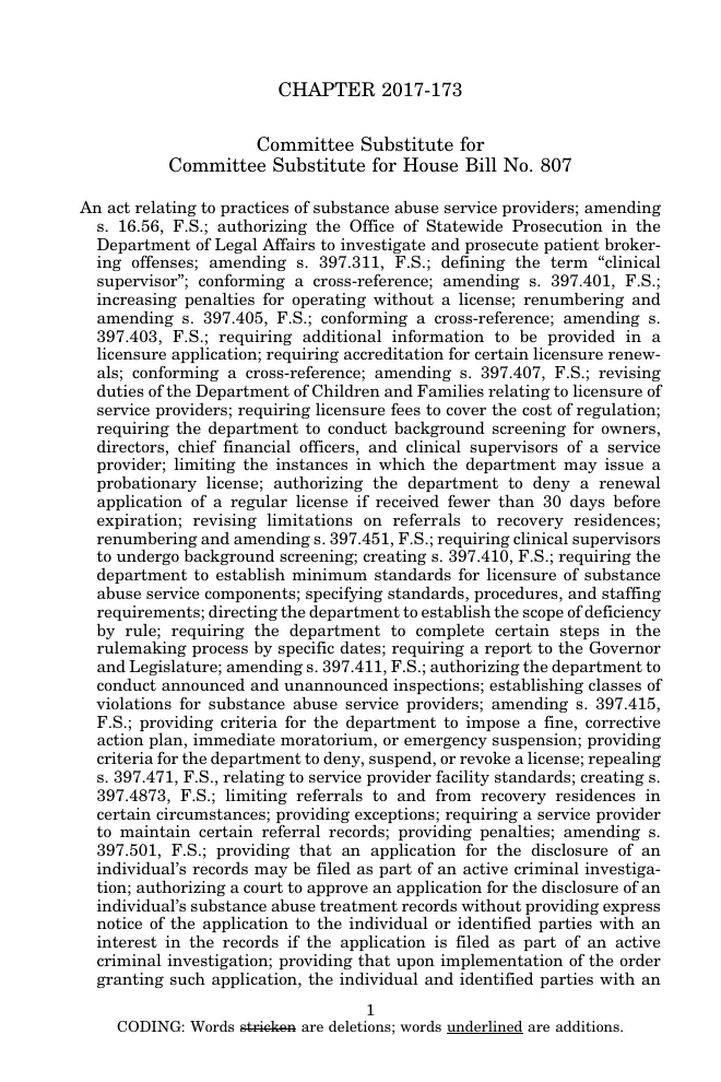 Page 1 of Chapter 2017-173, Laws of Florida, Committee Substitute for Committee Substitute for House Bill No. 807, An act relating to practices of substance abuse service providers, listing the sections it amends and creates.