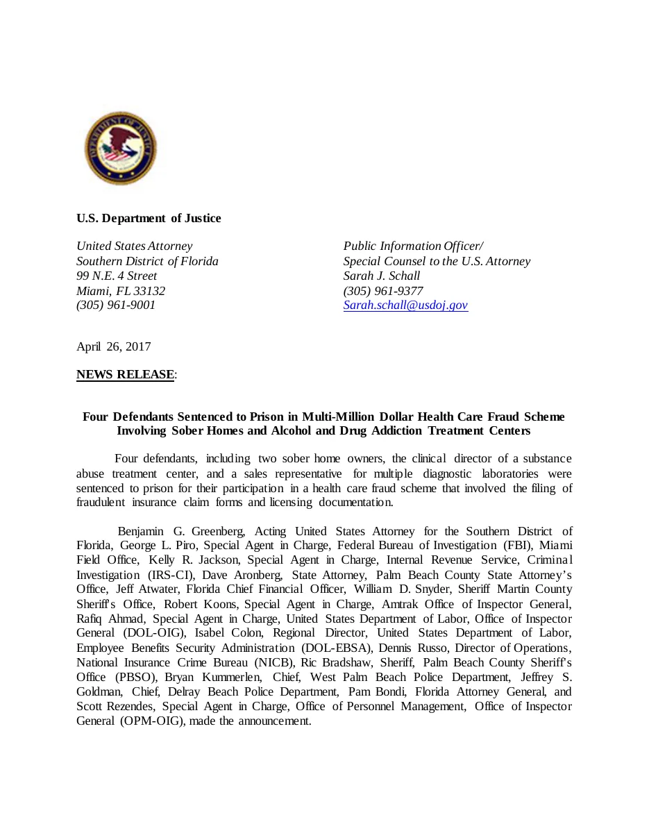 Page 1 of the April 26, 2017 release, Four Defendants Sentenced to Prison in Multi-Million Dollar Health Care Fraud Scheme Involving Sober Homes and Alcohol and Drug Addiction Treatment Centers, on US Department of Justice letterhead.