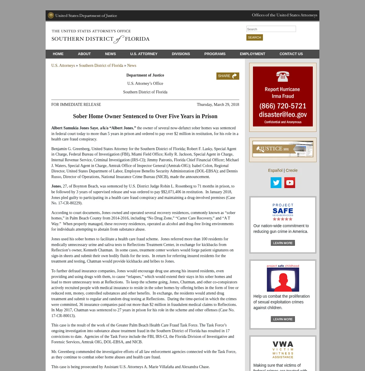 The archived March 29, 2018 release, Sober Home Owner Sentenced to Over Five Years in Prison, with paragraphs on more than 100 residents referred to Reflections and drug use encouraged to cause relapses.