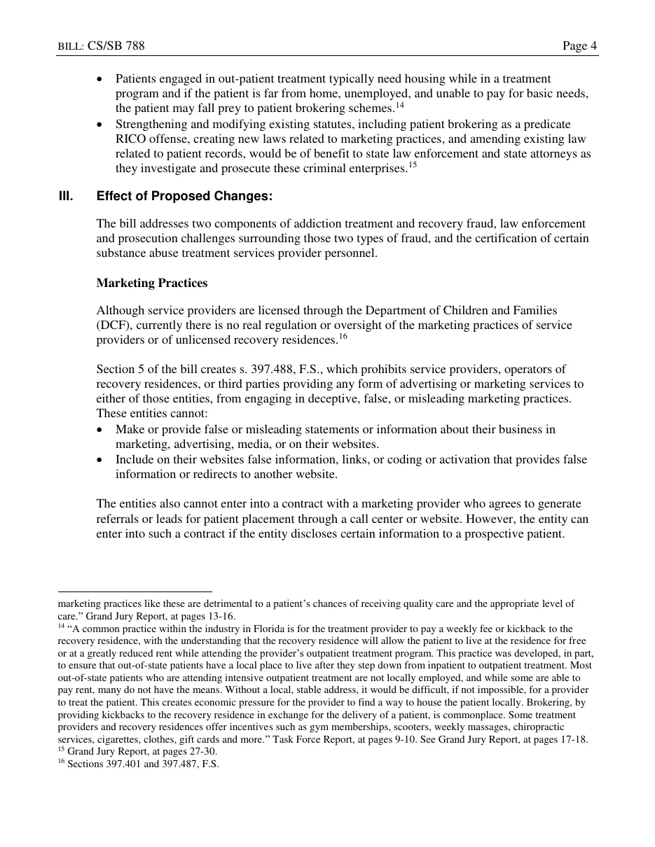 Page 4 of the Florida Senate bill analysis for CS/SB 788, with the Effect of Proposed Changes section on marketing practices and a footnote quoting the Sober Homes Task Force Report on weekly kickbacks to recovery residences and incentives such as gym memberships, scooters, weekly massages, cigarettes and gift cards.