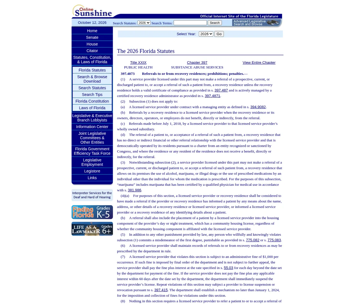 The Online Sunshine page for section 397.4873, Referrals to or from recovery residences; prohibitions; penalties, showing the referral ban, its exceptions, the misdemeanor in (5) and the $1,000 administrative fine in (7).