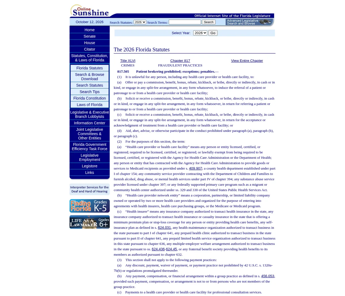 The Florida Legislature’s Online Sunshine page for section 817.505, Patient brokering prohibited; exceptions; penalties, showing subsections (1)(a) to (d), the definitions in (2) and the start of the exceptions in (3).