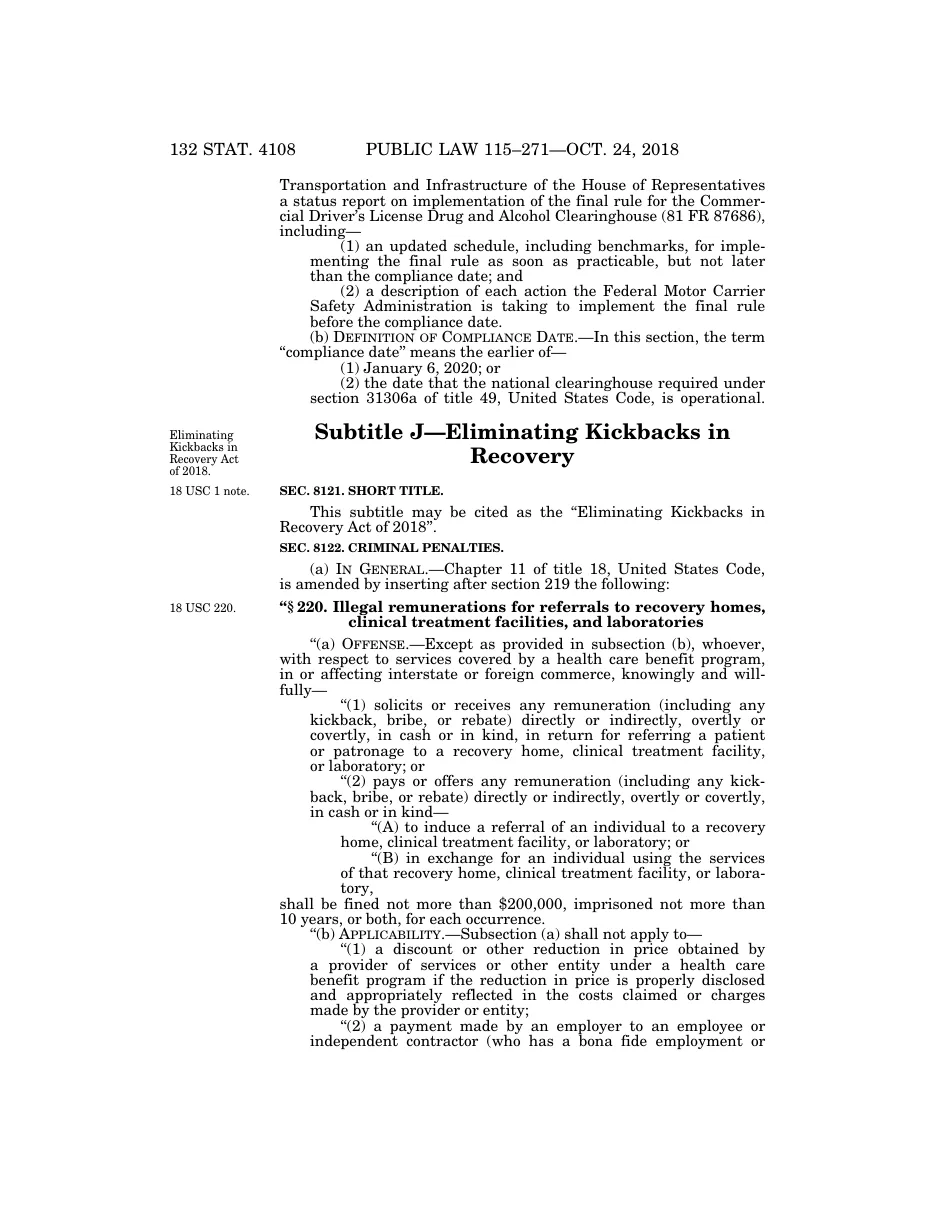 Page 132 Stat. 4108 of Public Law 115-271, October 24, 2018, with the heading Subtitle J, Eliminating Kickbacks in Recovery, and the start of the new section 220 of title 18.