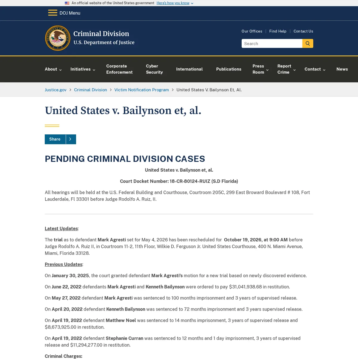 The Justice Department Criminal Division case page for United States v. Bailynson et al., docket 18-CR-80124, listing the retrial set for October 19, 2026, the January 30, 2025 order granting a new trial, and the 2022 sentences and restitution.