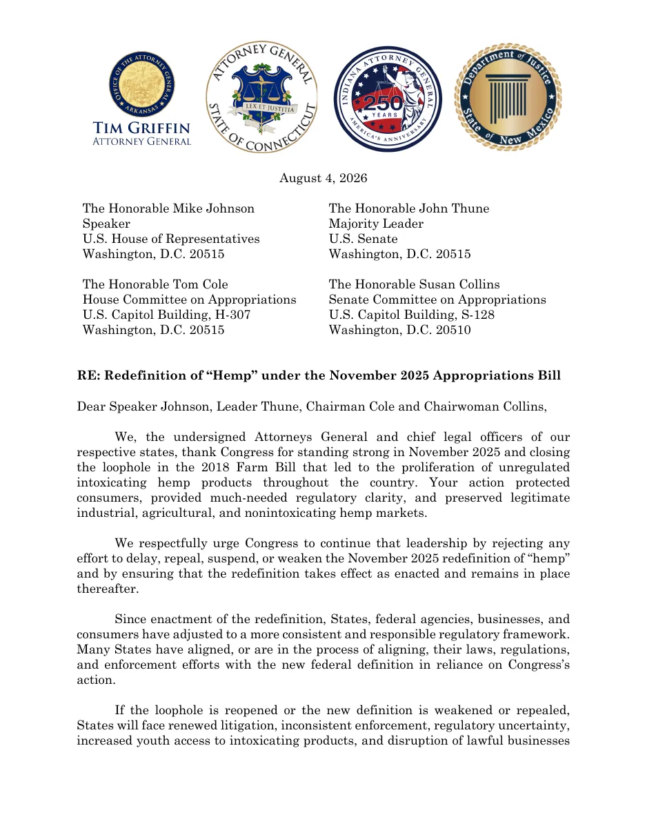 The first page of the attorneys general letter of August 4, 2026, under the seals of Arkansas, Connecticut, Indiana and New Mexico, addressed to the Speaker, the Senate majority leader and the two appropriations chairs.