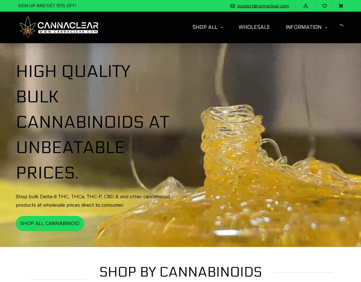 CannaClear's home page in June 2026, a banner reading High Quality Bulk Cannabinoids at Unbeatable Prices over a jar of amber oil, offering bulk delta-8 THC, THCa, THC-P and CBD.