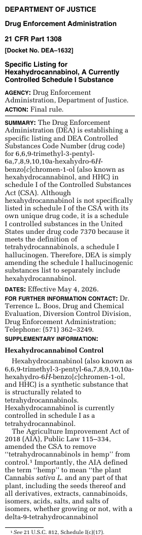 The right-hand column of Federal Register page 23913 of May 4, 2026: the DEA final rule titled Specific Listing for Hexahydrocannabinol, A Currently Controlled Schedule I Substance.