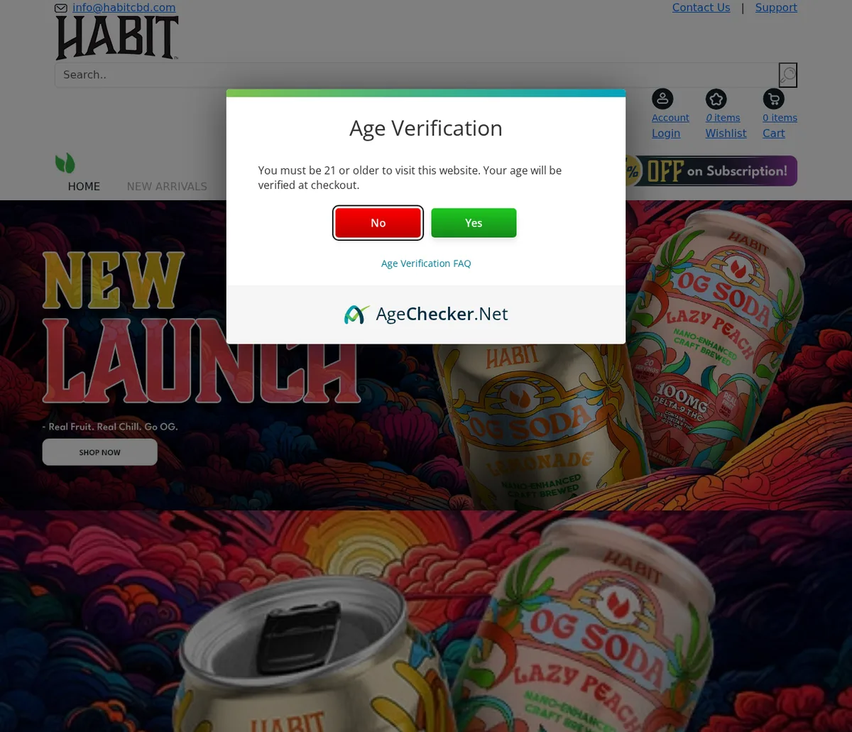 Habit's home page in September 2025 behind an age check, with a banner announcing a new launch: OG Soda cans in lemonade and lazy peach, the label reading 100MG delta-9 THC.