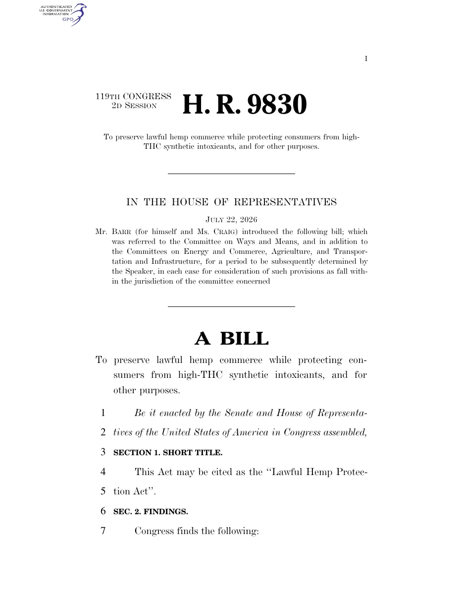 The first page of H.R. 9830 as introduced on July 22, 2026 by Mr. Barr and Ms. Craig, titled a bill to preserve lawful hemp commerce while protecting consumers from high-THC synthetic intoxicants.