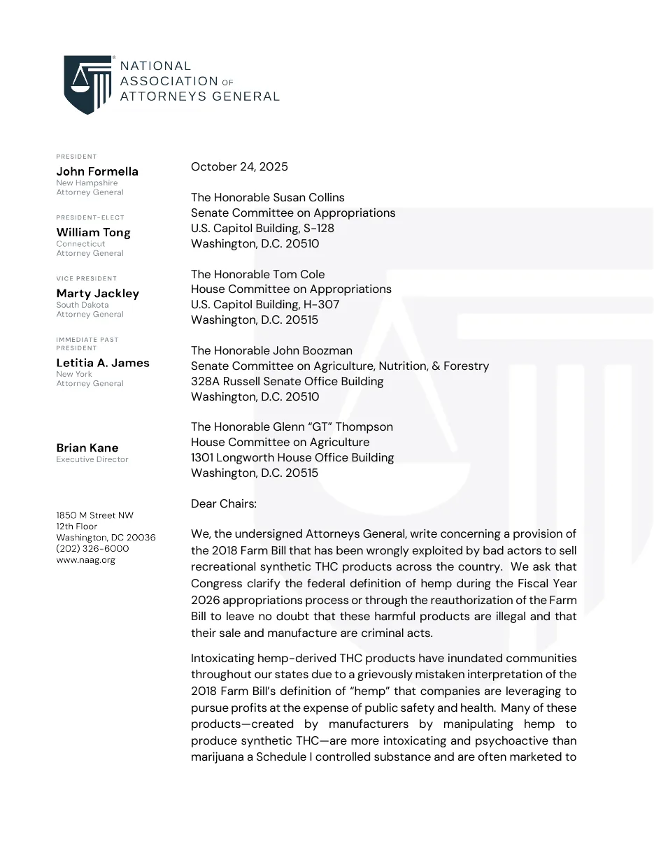 The first page of the National Association of Attorneys General letter of October 24, 2025, to the chairs of the appropriations and agriculture committees, asking Congress to clarify the federal definition of hemp.