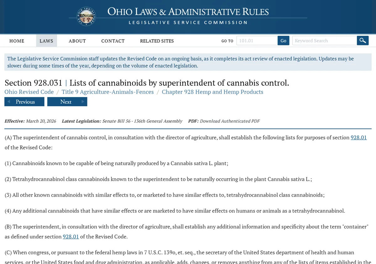 Ohio Revised Code section 928.031, effective March 20, 2026, directing the superintendent of cannabis control to establish lists of cannabinoids, including those capable of being naturally produced by Cannabis sativa L.