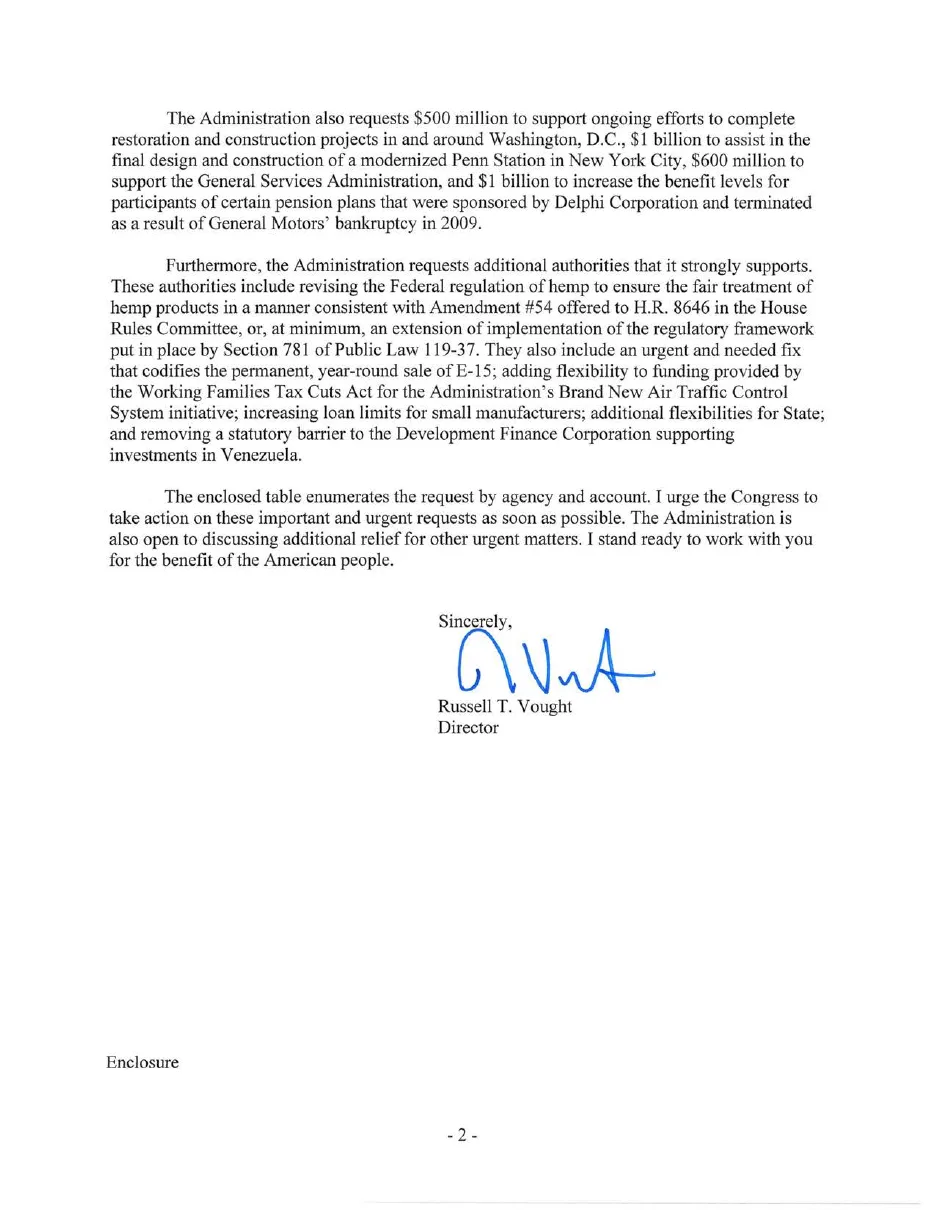 Page 2 of the letter of June 24, 2026 from the Director of the Office of Management and Budget to the Speaker, signed Russell T. Vought, with a paragraph asking for revised federal regulation of hemp.