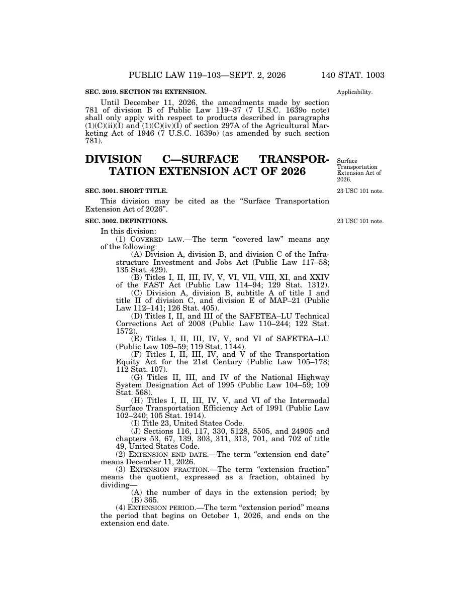 Page 140 Stat. 1003 of Public Law 119-103, showing section 2019, Section 781 Extension, followed by the start of the Surface Transportation Extension Act of 2026.