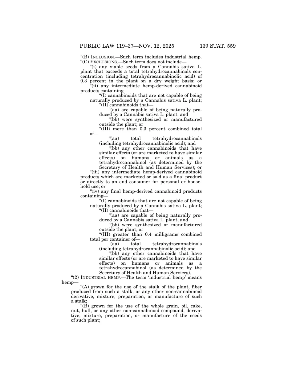Page 139 Stat. 559 of Public Law 119-37, listing exclusions (i) to (iv) from the definition of hemp, including the 0.3 percent limit for intermediate products and the 0.4 milligram per container limit for final products.