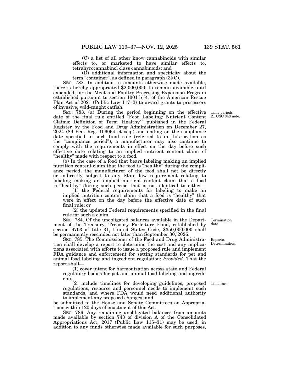 Page 139 Stat. 561 of Public Law 119-37, with items (C) and (D) of the list FDA must publish, followed by unrelated sections on catfish processing and the definition of healthy.
