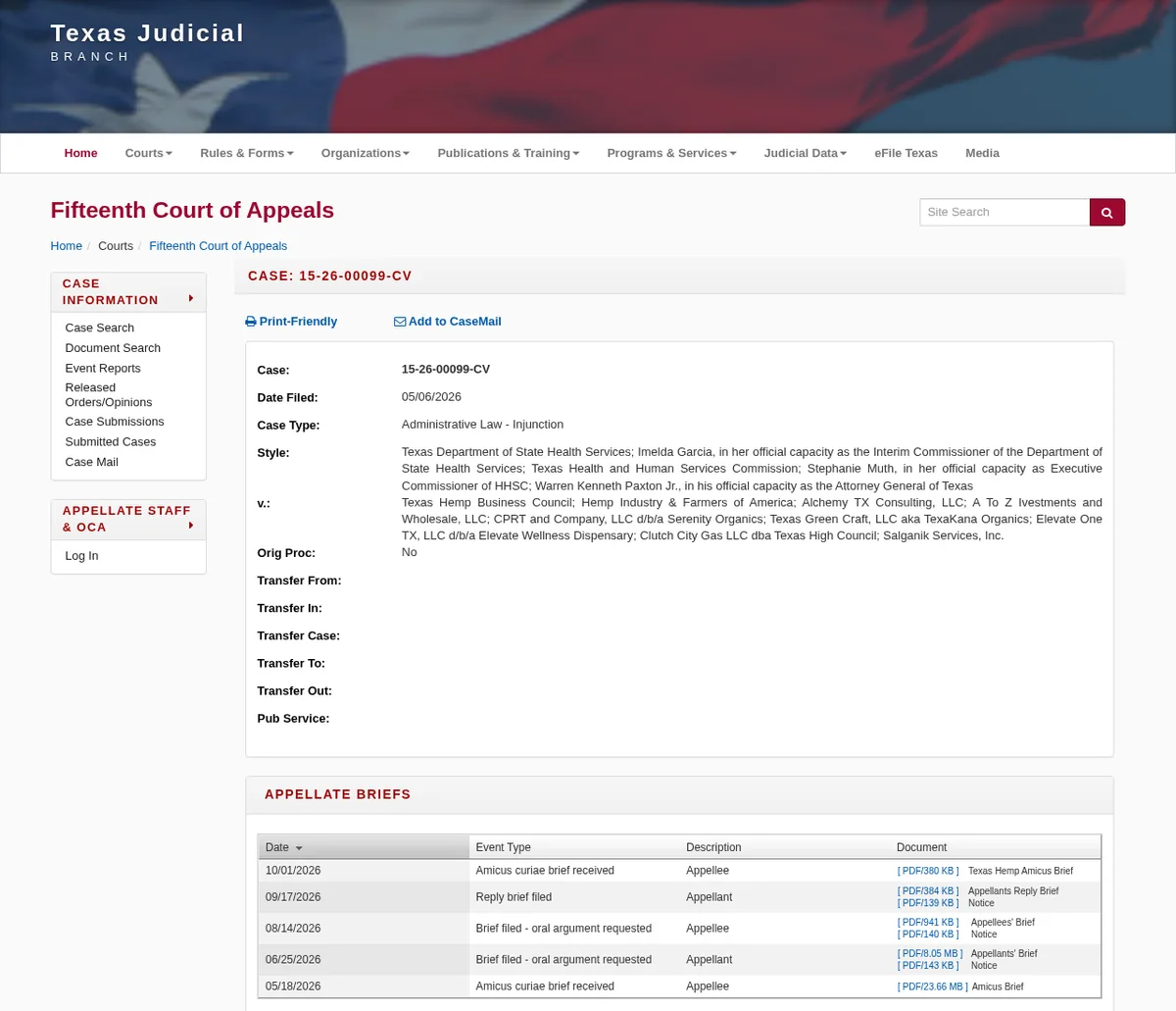 The Texas Fifteenth Court of Appeals docket for case 15-26-00099-CV, Texas Department of State Health Services and others against the Texas Hemp Business Council and others, filed May 6, 2026, case type administrative law, injunction.