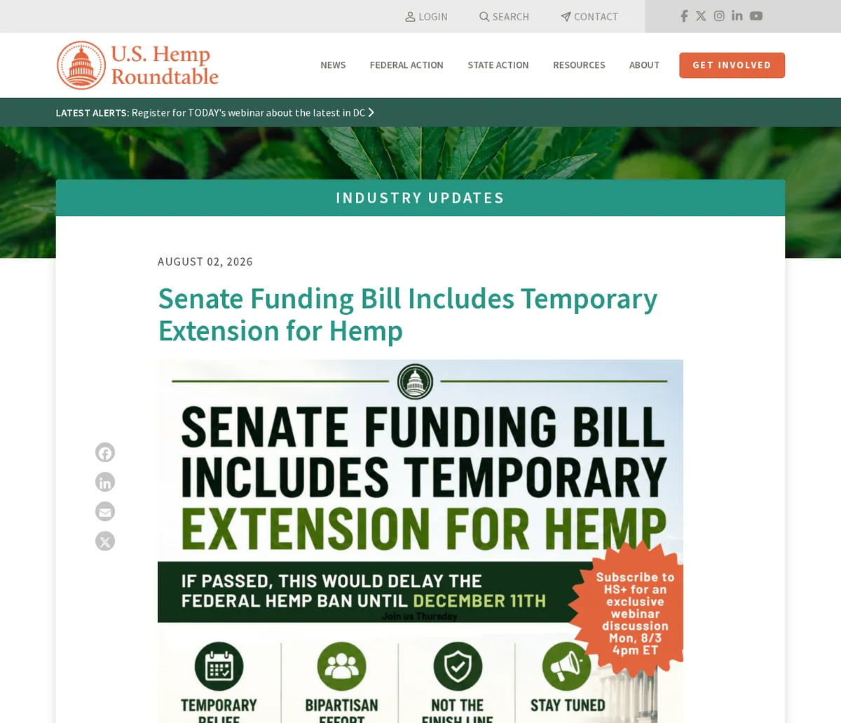 A U.S. Hemp Roundtable post of August 2, 2026 headed Senate Funding Bill Includes Temporary Extension for Hemp, with a graphic reading If passed, this would delay the federal hemp ban until December 11th.